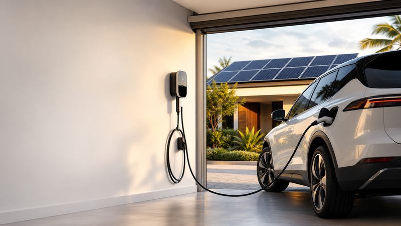 Ilustração: carro elétrico conectado a carregador residencial, com painéis solares no telhado ao fundo (arte do blog E5; não é foto de instalação da E5)