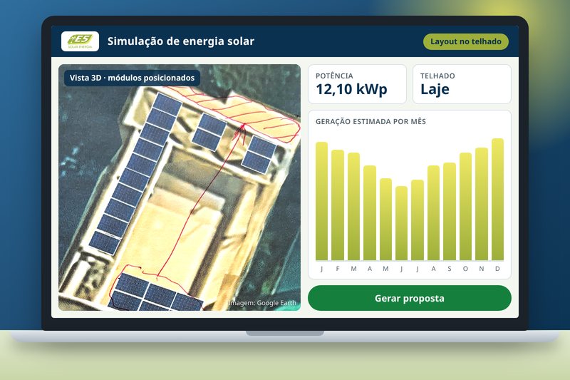 Notebook com tela de simulação de energia solar: layout dos módulos sobre o telhado em 3D e gráfico de geração estimada por mês