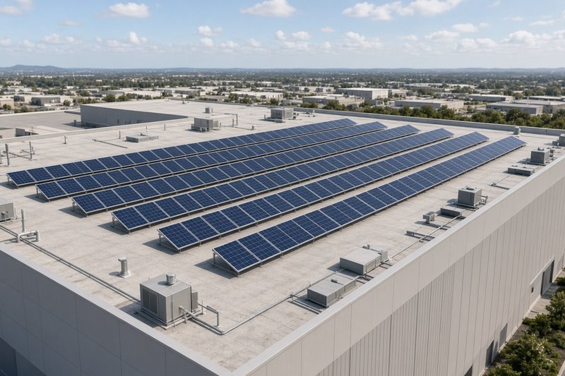 Simulação ilustrativa de sistema solar em cobertura comercial